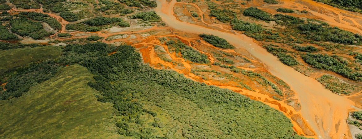Aerial shot of the rust-colored Salmon River
