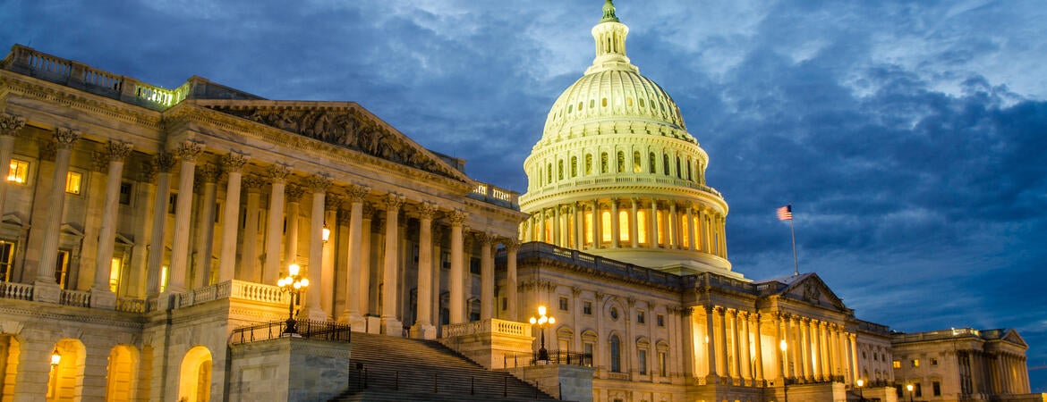 The U.S. Capitol lit up at night.