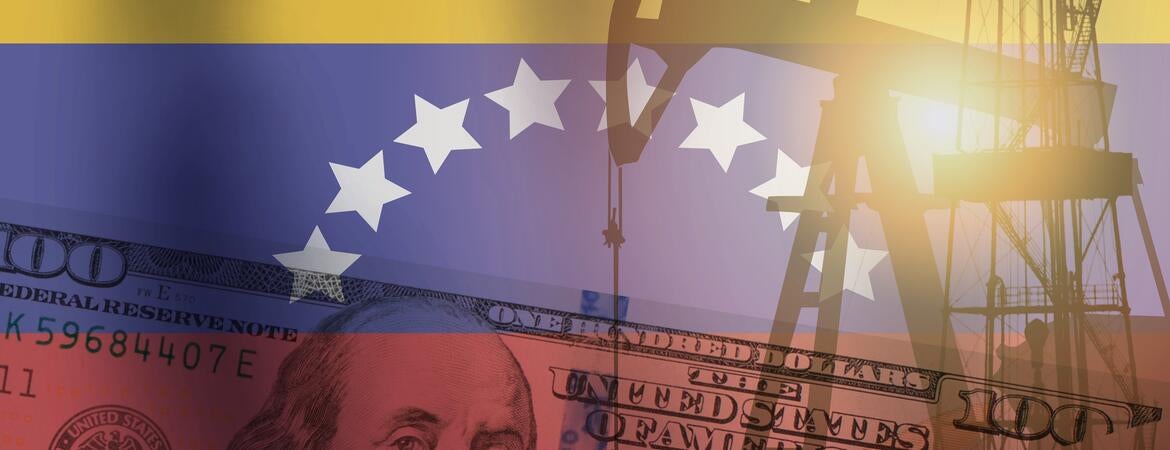 superimposed composite image of pump jack, 100-dollar bill, and Venezuelan flag
