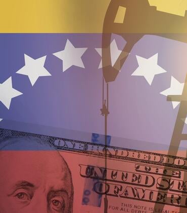 superimposed composite image of pump jack, 100-dollar bill, and Venezuelan flag