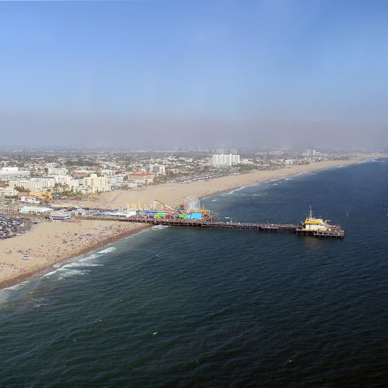 Santa Monica Beach with smog inland credit: JCS on Wikimedia Commons