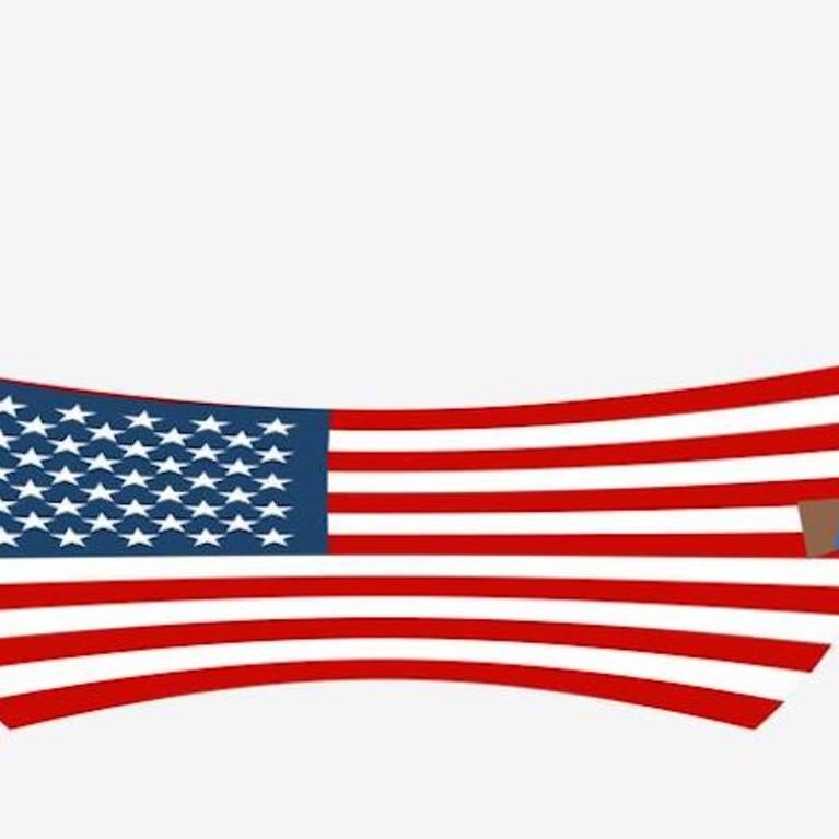 An elephant and a donkey having tug-a-war with an American flag