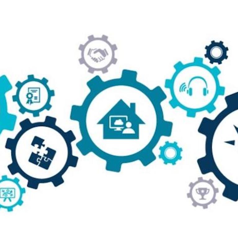 An info graphic showing gears and learning icons