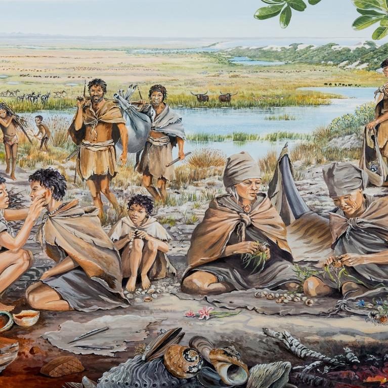 An artist's rendering by Maggie Newman of what life was like for early humans on the Paleo-Agulhas Plain.