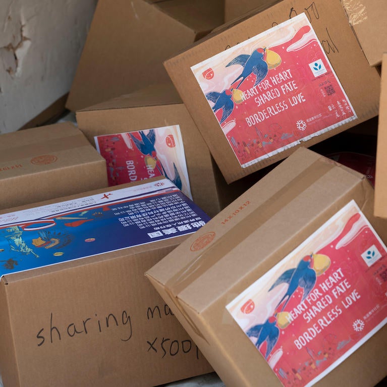 Boxes of surgical masks donated to UC Riverside by the Chinese Americans Donation Center