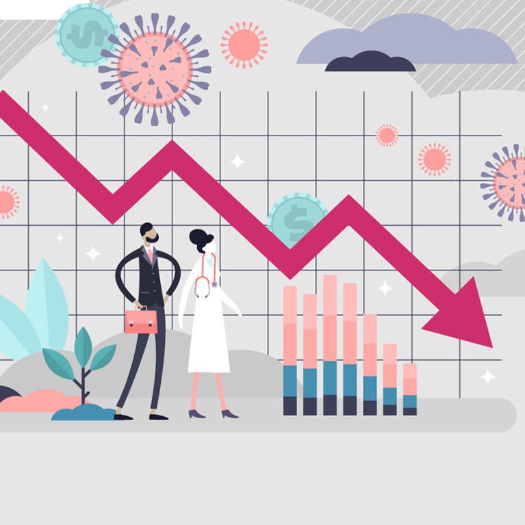 An illustration of professionals looking at a downward economic curve due to COVID-19