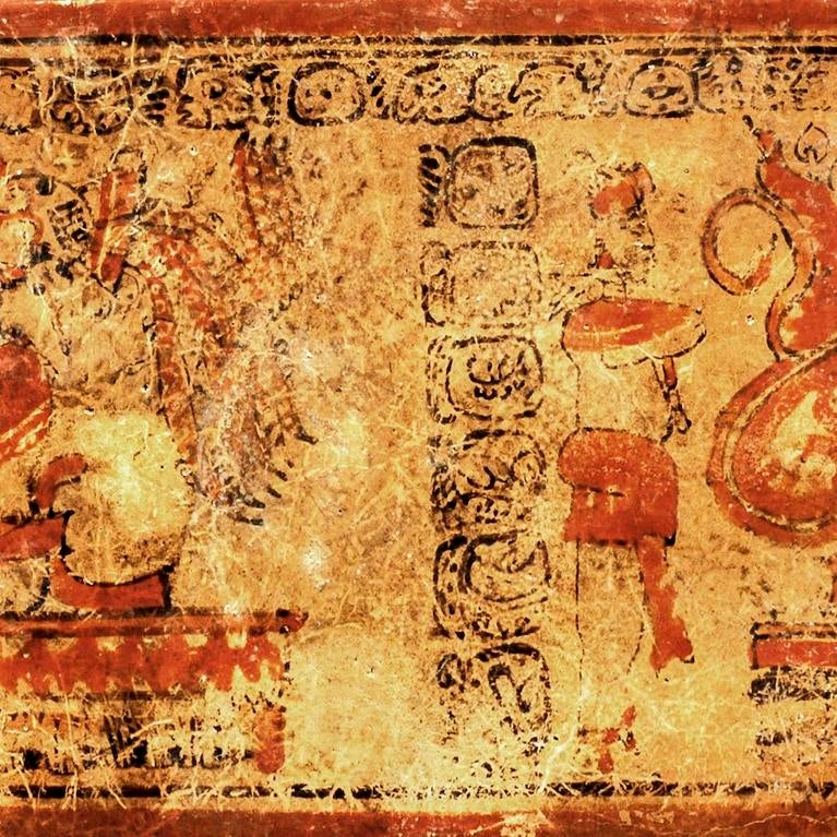 Polychrome decorations on a Maya ceramic vessel