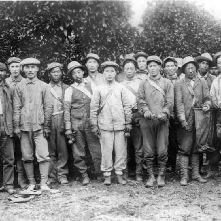 Pachappa Camp residents in front of Riverside citrus groves. Photo courtesy of the Korean American digital archive at USC. 