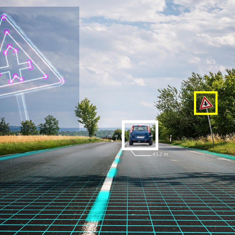Illustration suggesting the computer vision system of a self-driving carr