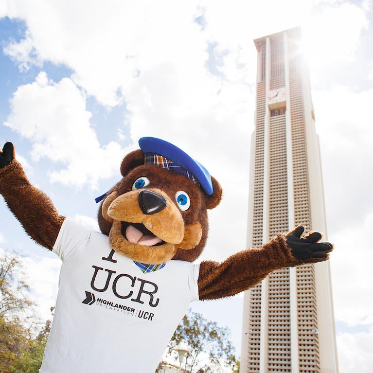 Scotty in front of the UCR Bell Tower