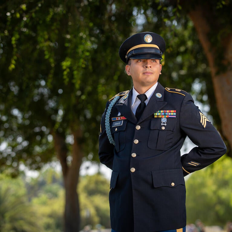 Portrait of Donald Zárate, 27, a sergeant in the U.S. Army Reserve, and a graduated from CHASS with a BA in political science and a BS in psychology. (UCR/Stan Lim)