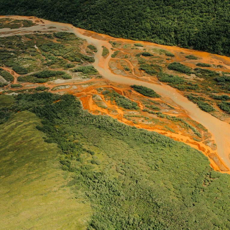 Aerial shot of the rust-colored Salmon River