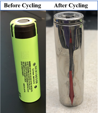 A Tesla car battery before and after industry standard fast charging