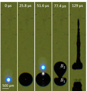 Formation of a fast jet due to the interaction of the bubbles. 