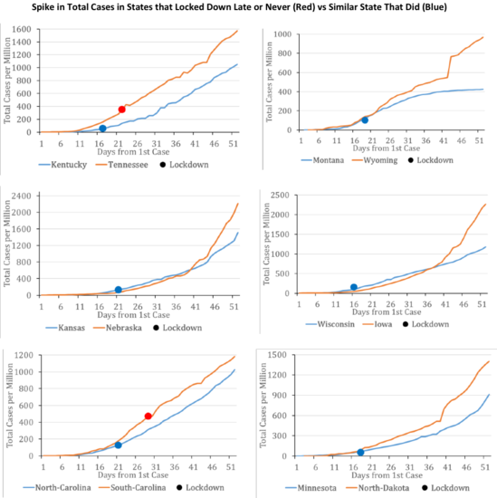 line graphs showing the effects of covid-19 lockdowns on spread of disease