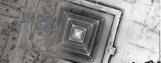 A satellite and lidar image of the Sun Pyramid at Teotihuacan