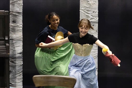 UCR students rehearsing their performance of the Chekhov play "Three Sisters."