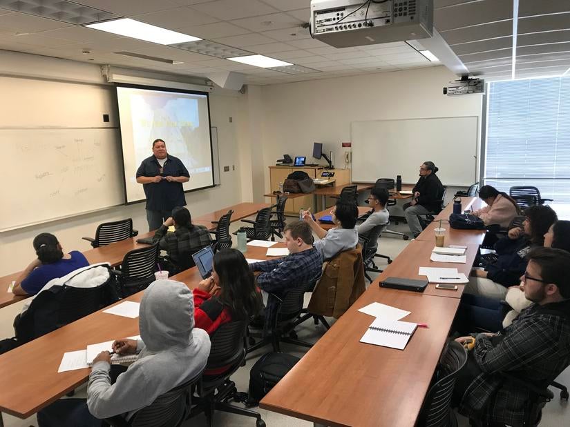 William Madrigal Jr. teaching in January 2020. Madrigal Jr. teaches three of the four Cahuilla courses at UCR. (UCR/Sandra Baltazar Martínez)