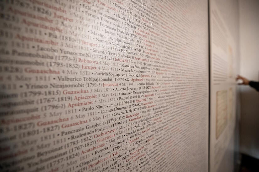 The Wall of Names is a memorial in honor of the Native American community. The wall is a complete name list of 7,054 Native Americans who were once baptized at Mission San Gabriel, between 1771 and 1848.  (UCR/Stan Lim)