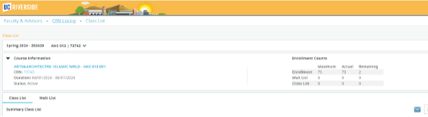 A screenshot showing the Enrollment Count and waitlist options in iGrade