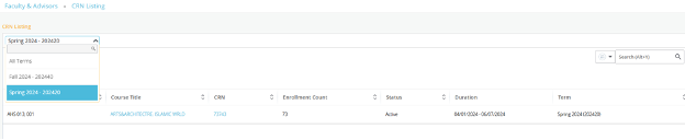 A screenshot of the Course List navigation in iGrade that shows how to toggle terms.