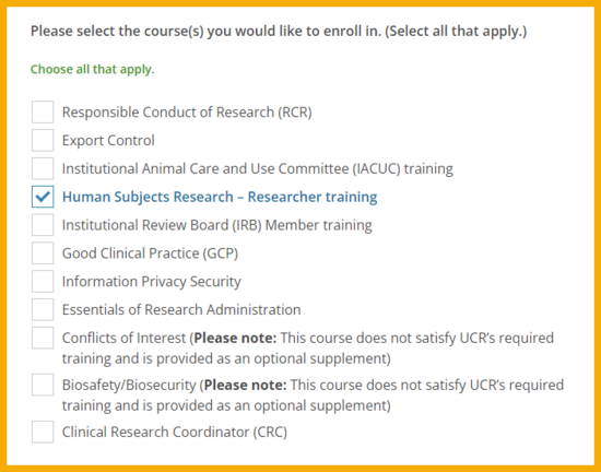 Screenshot example of where you will select the courses you would like to enroll in