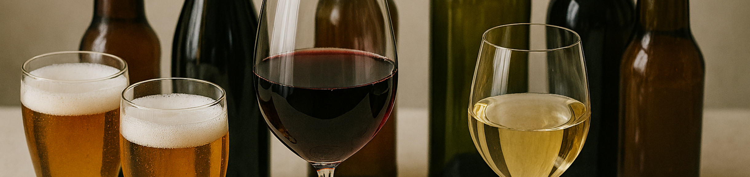 Bottles and glasses of wine and beer