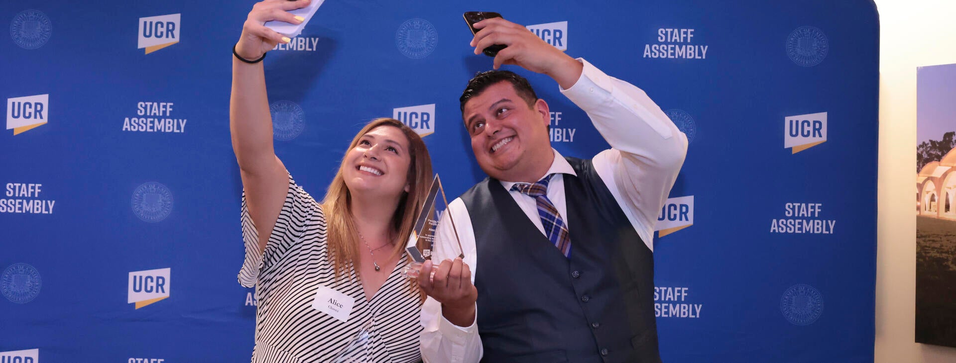 Alice Chavez and Alex Cortez at the 2022 Outstanding Staff Awards