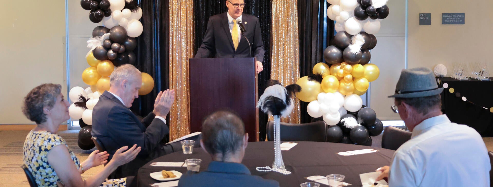 Staff Assembly '21-'22 President Jeff Girod welcoming the 2022 Outstanding Staff Awards winners