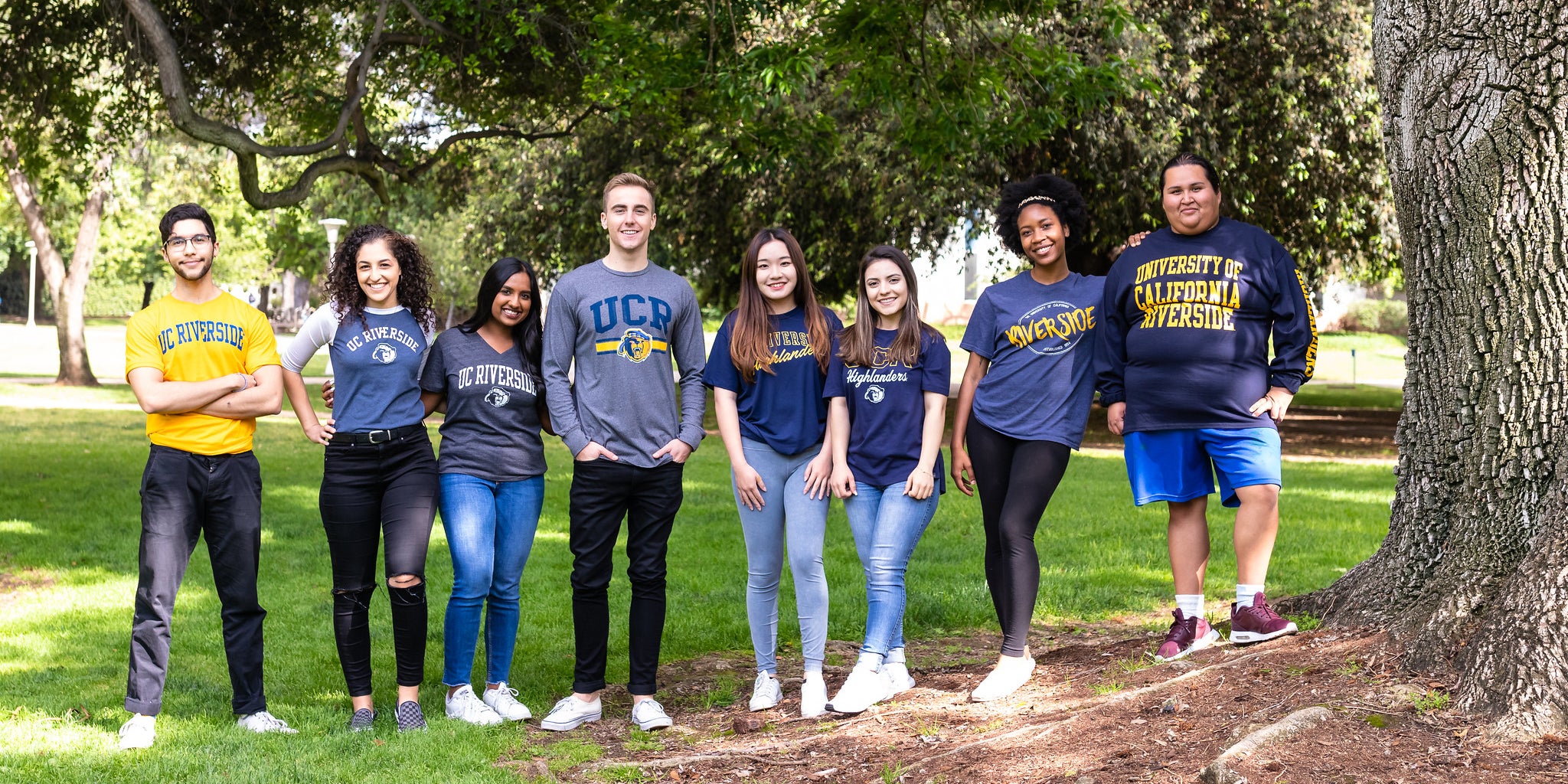 A group of students pose beneath a tree on campus.
