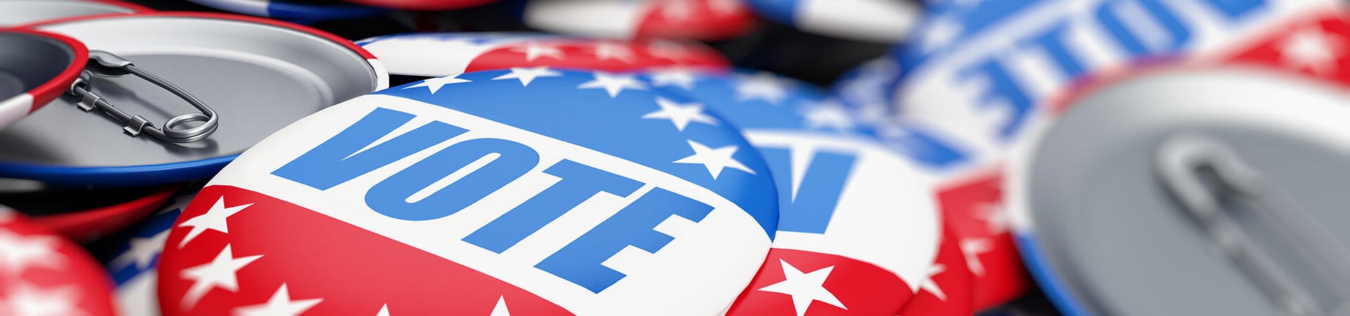 Voter Engagement | Stack of Red, White & Blue VOTE round buttons