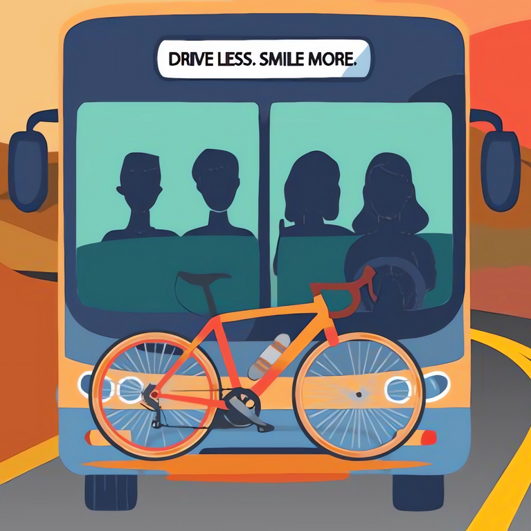 Bus with sign that says Drive Less Smile More