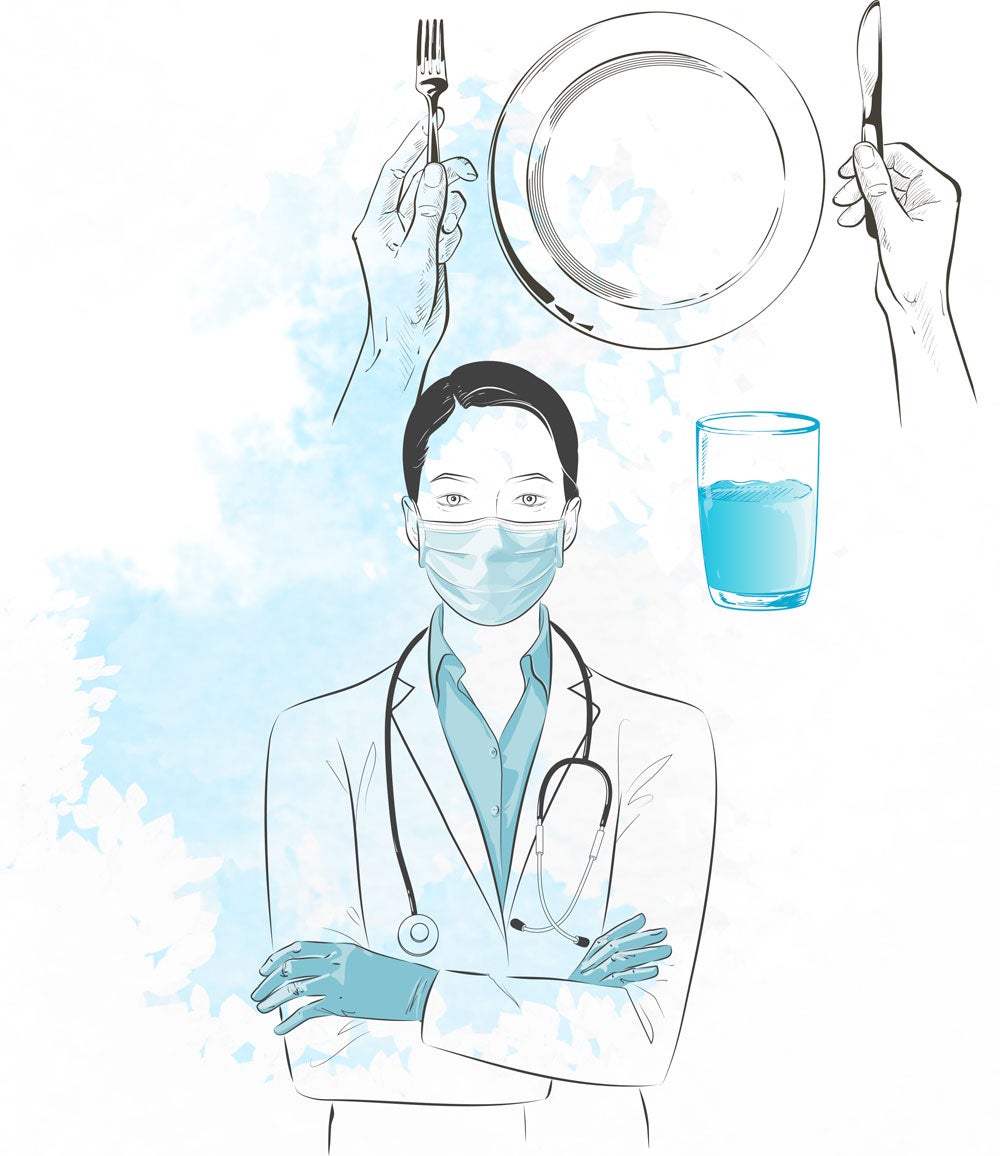 illustrations of dinner plate, drinking glass, and doctor