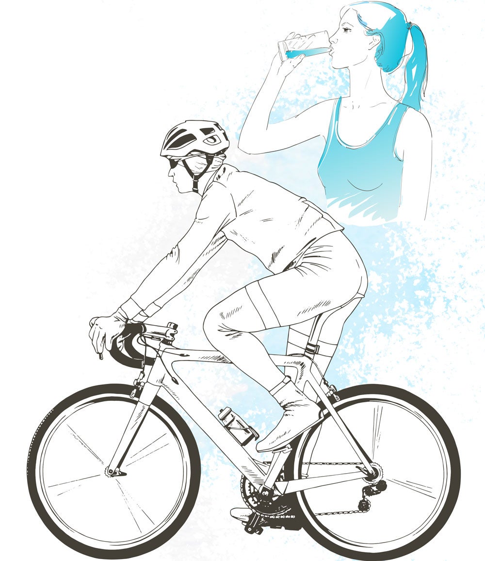 illustration of woman drinking water and man riding bike