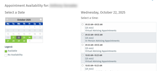 Preview of an advisor's availability