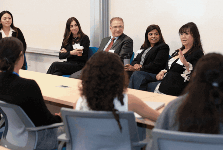 A panel of speakers engages with students at the UCR School of Business Leaders Mentoring the Next Generation Summit