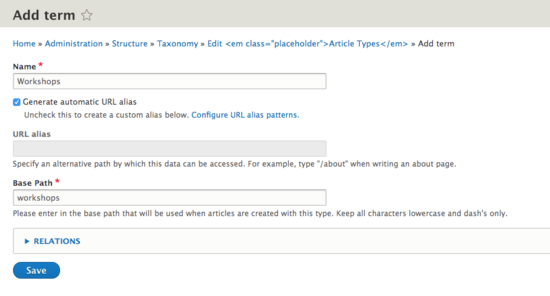 Article Type taxonomy add term