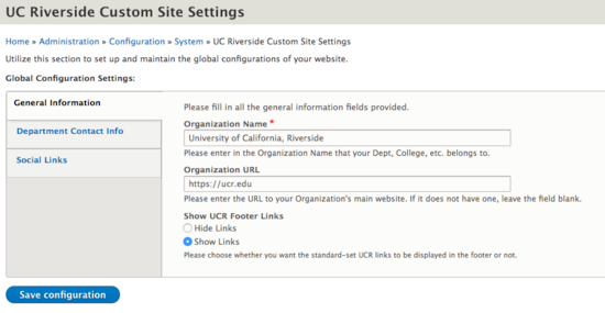UC Riverside Custom Site Settings general info