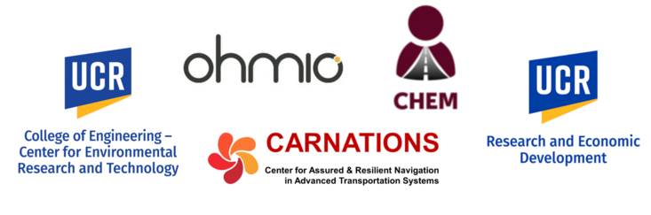 Logos of UCR College of Engineering–Center for Environmental Research and Technology, Ohmio, CHEM, UCR Research and Economic Development, and CARNATIONS (Center for Assured & Resilient Navigation in Advanced Transportation Systems).