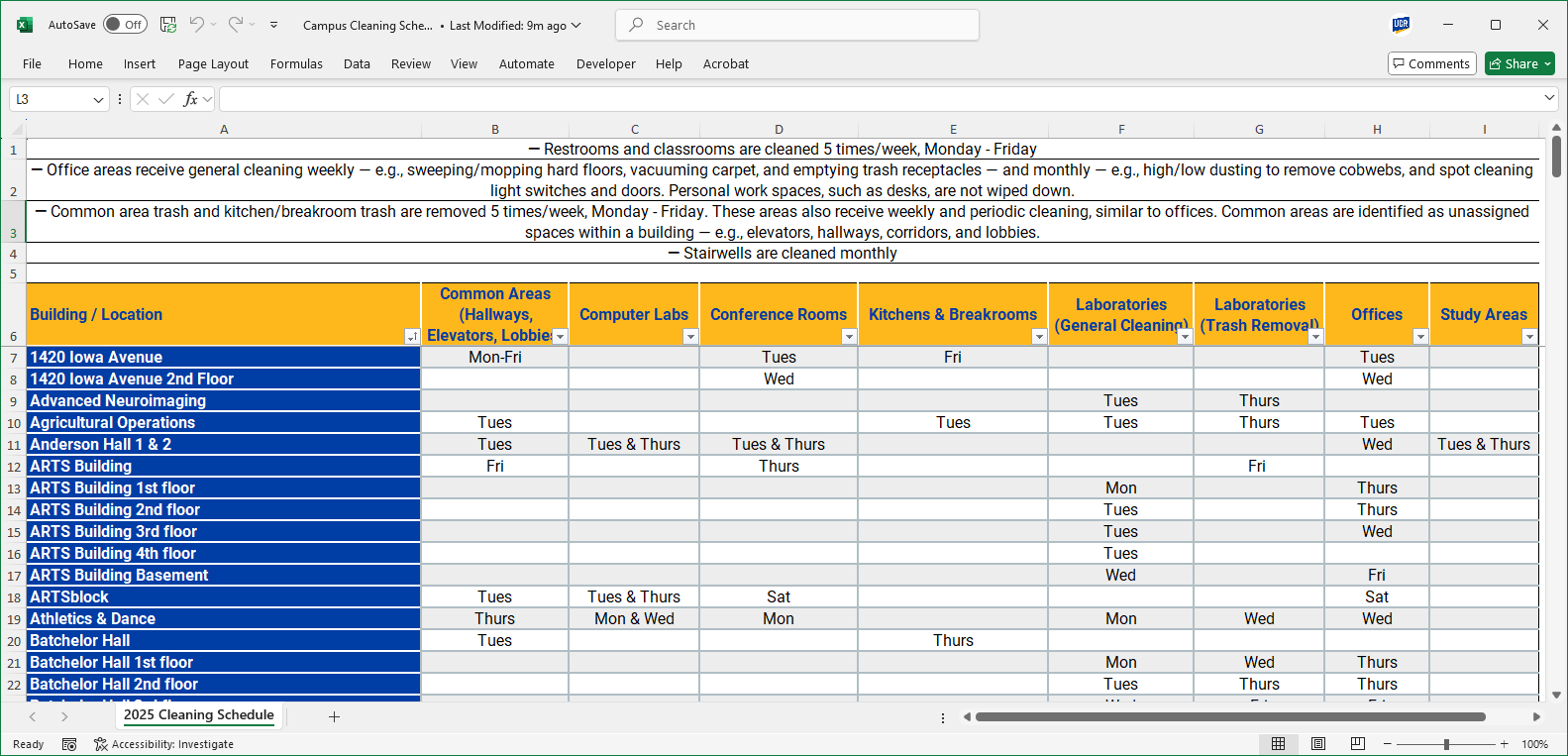 Cleaning Schedule Excel Preview