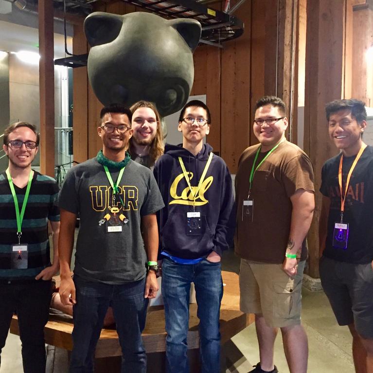 The UCR team at Science Hack Day: San Francisco: (left to right): Kevin Bleich, Flip Tanedo, Syris Norelli, Cliff Chen, Adam Christensen, and Peter Bautista.Photo credit: Tanedo lab, UC Riverside.
