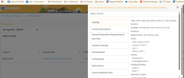 A screenshot of the Course Title button that shows the catalog information.