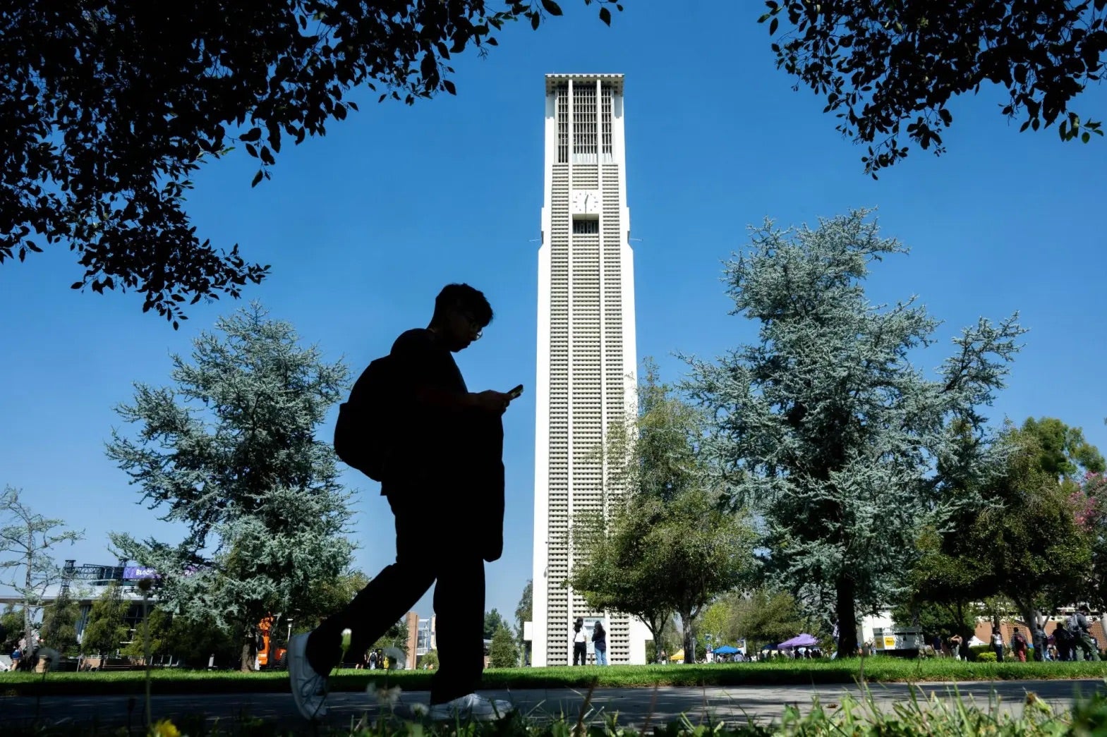 UCR student walking in front of the Bell tower