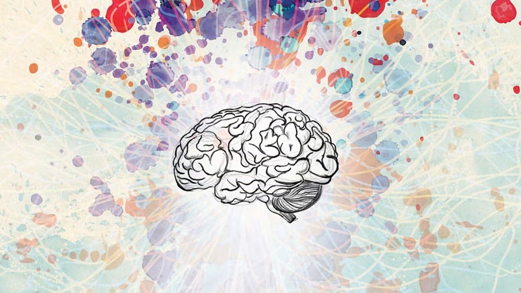 Illustration of a brain with colorful paint splashes and neural network patterns