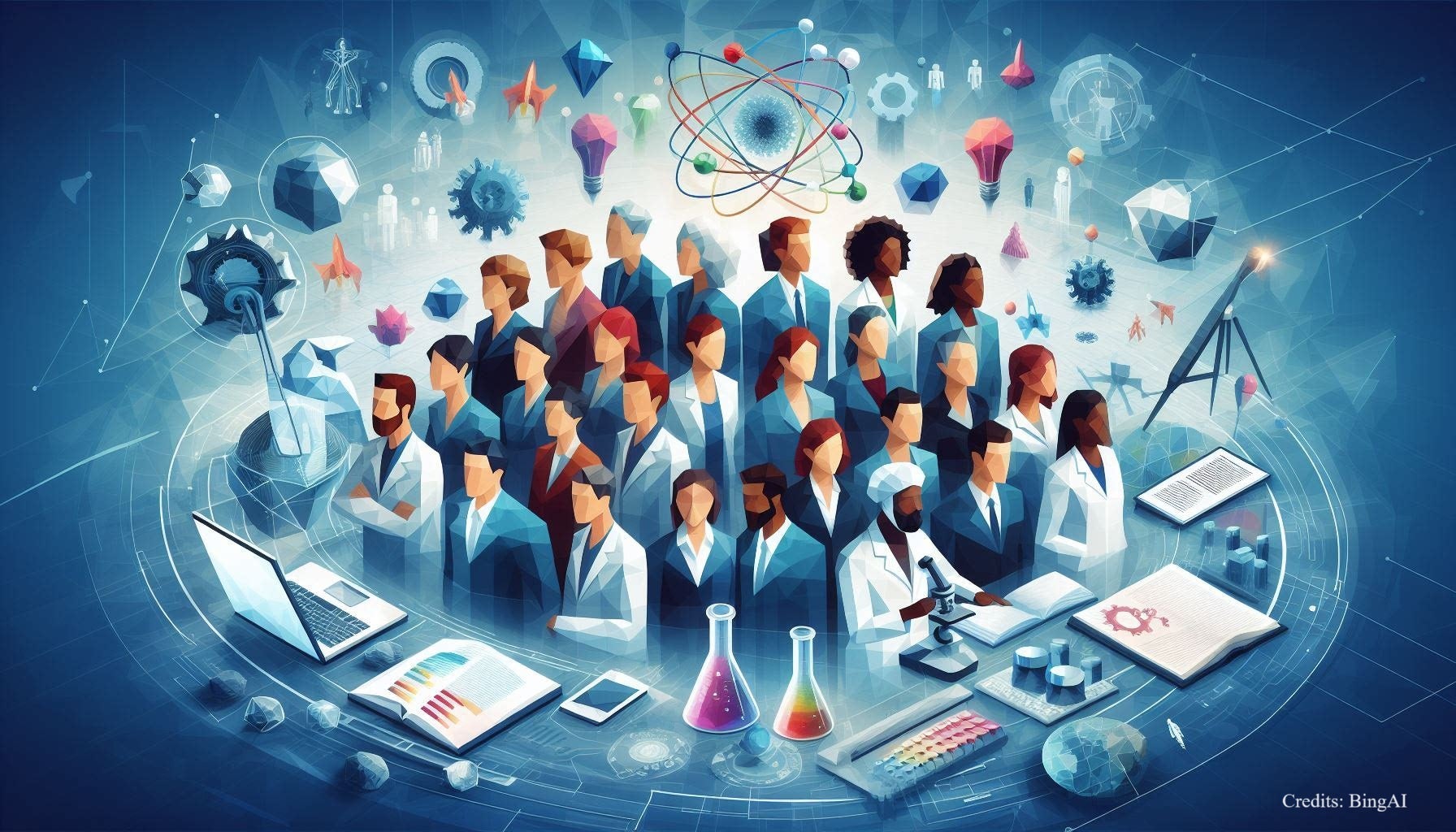 set of diverse people working inside a round shaped desk