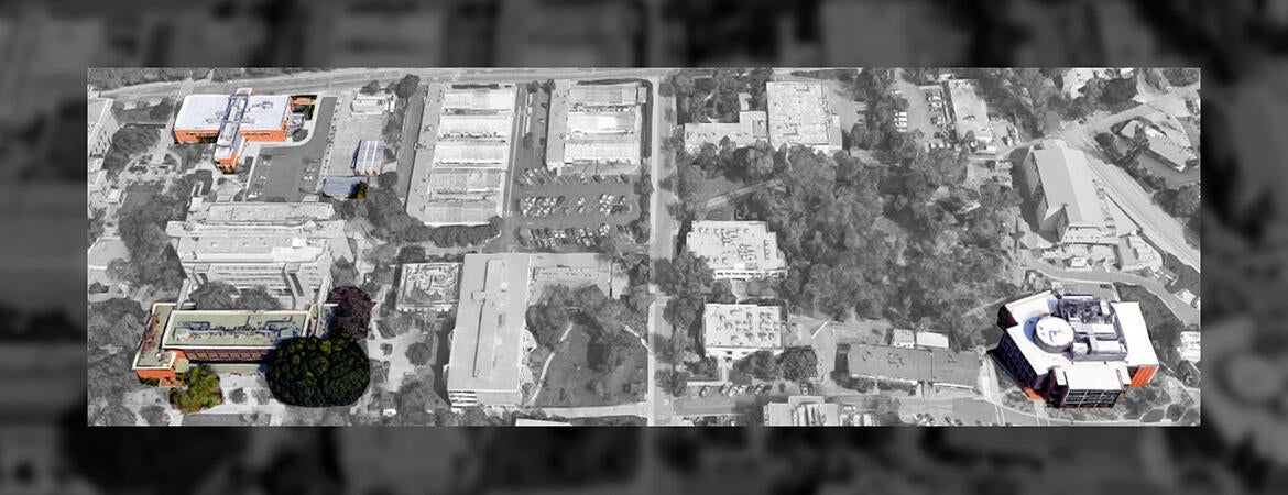 an aerial view of the eastern side of the UCR Campus with the SOM buildings highlighted.