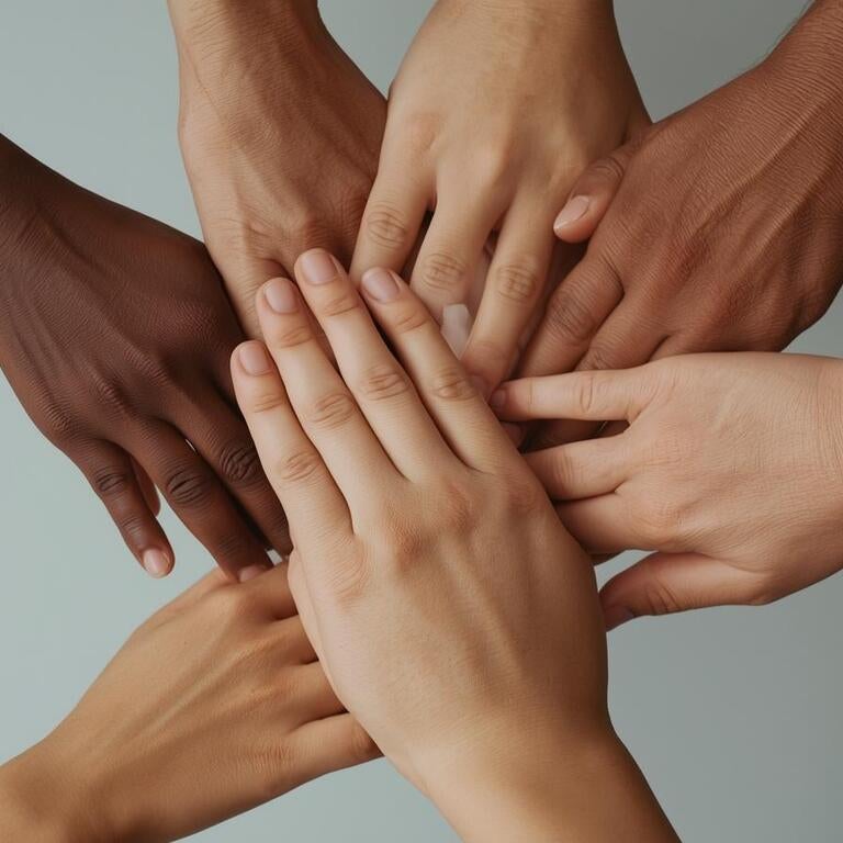 Seven hands coming together in a circle