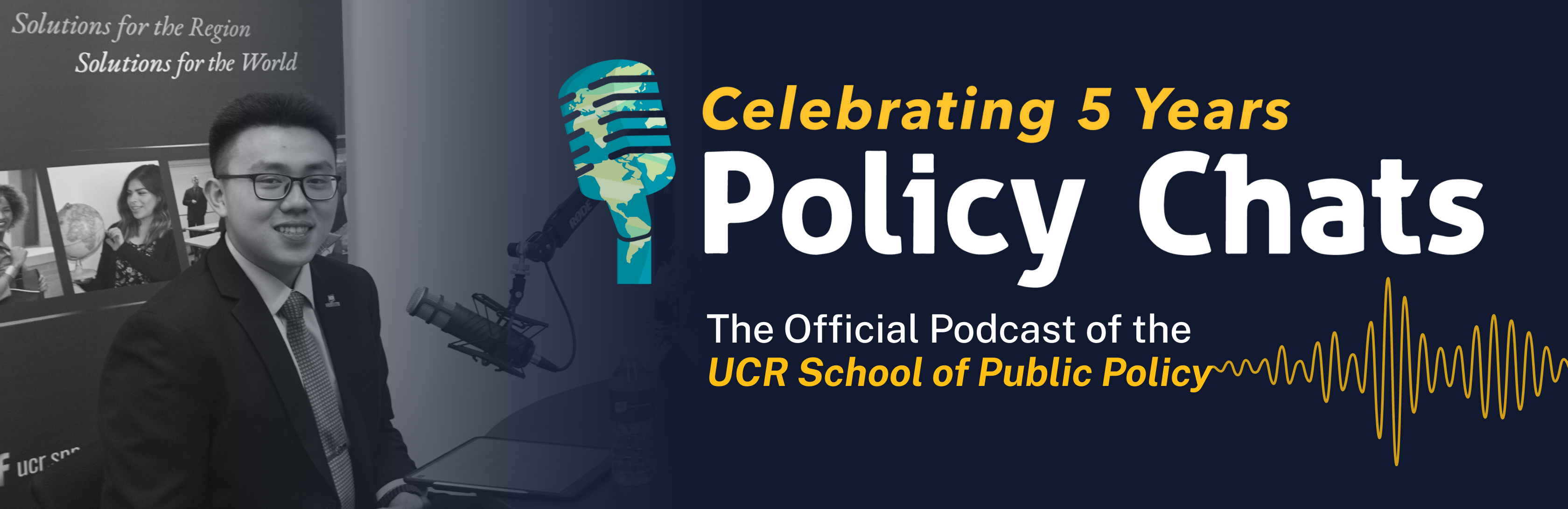 A student next to a text heading that reads Policy Chats