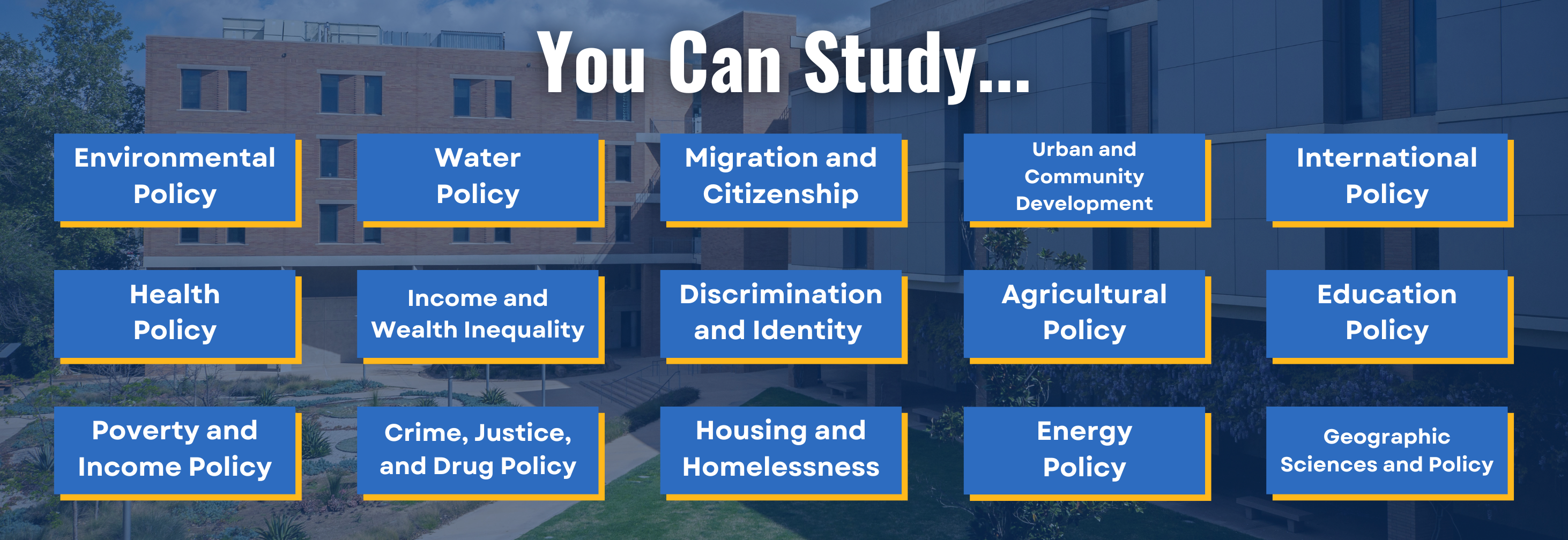You can study Environmental Policy, Health Policy, Poverty and Income Policy, Water Policy, Income and Wealth Inequality, Crime, Justice, and Drug Policy, Migration and Citizenship, Discrimination and Identity, Housing and Homelessness, Urban and Community Development, Agricultural Policy, Energy Policy, Democracy, Corruption, and Voting, International Policy, Geographic Sciences and Policy