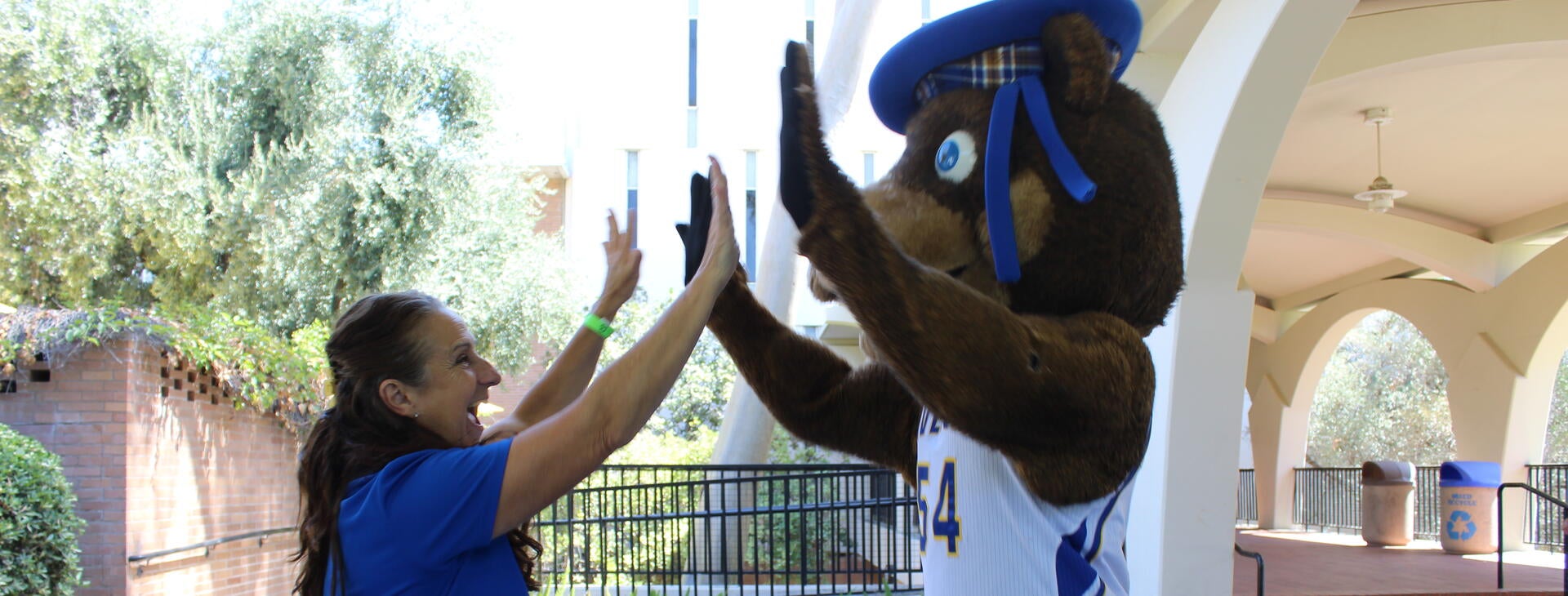 A External Vendor high fiving Scotty the bear